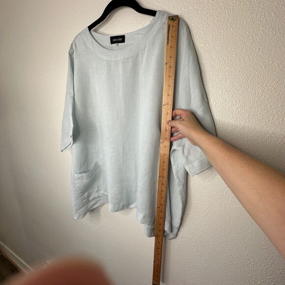 Eskandar Light Blue Boxy Linen Short Sleeve Front Pocket Round Neck Blouse Top 6 - Picture 12 of 12
